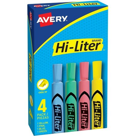 Avery Desk Style Highlighter, Chisel Pt, 4-Color Set, 4/BX, AST 4PK AVE17752